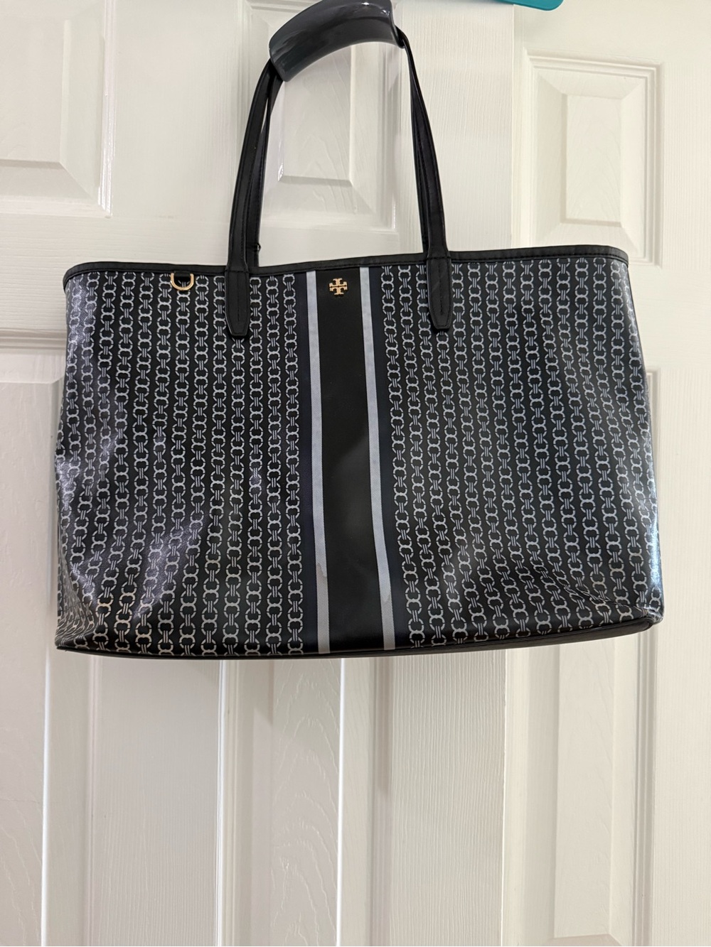 Tory Burch Black Patterned Logo Stripe Tote